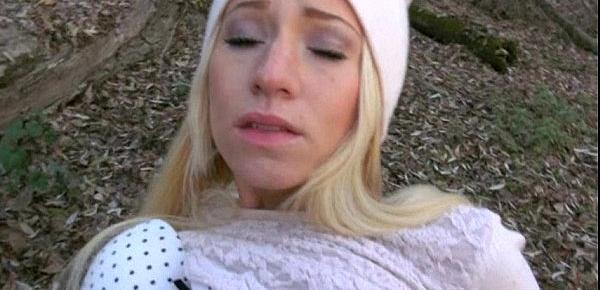  Amateur blonde Kiara flashes boobs and fucked in the woods